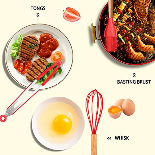 MIBOTE Silicone Cooking Kitchen Utensils Set, Wooden Handle, Red | BPA-Free, Non-Toxic Silicone Turner, Tongs, Spatula, Spoon Set – Great for Nonstick Cookware, Heat-Resistant, Easy Clean - color: Red
