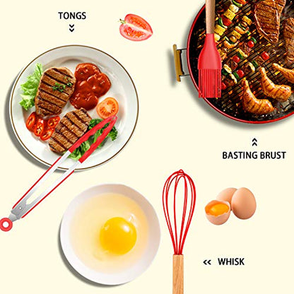 MIBOTE Silicone Cooking Kitchen Utensils Set, Wooden Handle, Red | BPA-Free, Non-Toxic Silicone Turner, Tongs, Spatula, Spoon Set – Great for Nonstick Cookware, Heat-Resistant, Easy Clean - color: Red