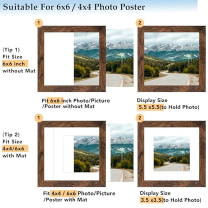 6x6 Picture Frame with 4x4 Mat Deep Brown, Display 4x4 with Mat or 6x6 Without Mat, Wood 6 by 6 Photo Frame, 6 x 6 Frame for Wall Hanging and Tabletop Display, Deep Brown, 3 Pack - size: 6x6 inch