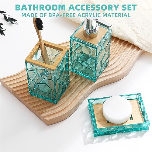 GAHEFY Teal Blue Beach Bathroom Accessories Set, Toothbrush Holder, Soap Dispenser, Cotton Swabs Holder, Soap Dish, Toilet Brush with Holder, Boho Bamboo Bathroom Decor,Acrylic (Teal) - style: Teal-5pcs