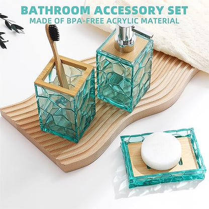 GAHEFY Teal Blue Beach Bathroom Accessories Set, Toothbrush Holder, Soap Dispenser, Cotton Swabs Holder, Soap Dish, Toilet Brush with Holder, Boho Bamboo Bathroom Decor,Acrylic (Teal) - style: Teal-5pcs