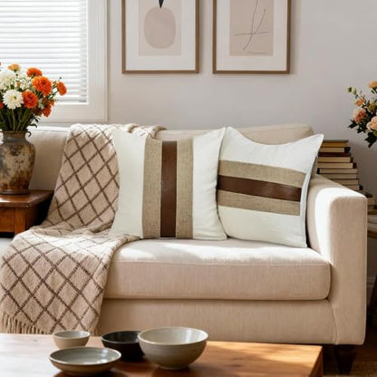 Boucle Pillow Covers with Faux Leather Accents 18"x18" Set of 2, White and Khaki Decorative Pillow Covers with Faux Linen Patchwork Modern Farmhouse Cushion Covers for Couch Sofa Bed Home | Set of 2 Modern Brown Faux Leather Pillow Covers, Boho Farmhouse