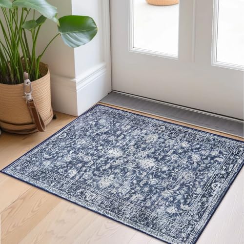 KILOCOCO Small Area Rug 2x3 Entryway Rugs Washable Indoor Door Mat, Blue | Non-Slip Kitchen Rug, Printed Vintage Floral Throw Rugs, Soft Rug for Doorway Hallway Bedroom Entrance, Thin Accent Rugs - color: Blue/Navy/White, size: 2' x 3' (Rectangular)