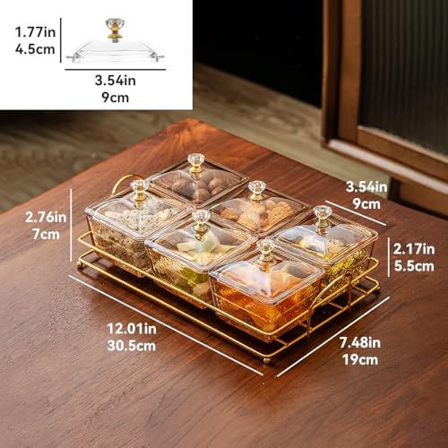 Serving Bowls with Lid and Metal Rack for Snack Salads Biscuit, Grey Set of 6 Removable Divided Glass Containers for Chips Nuts Condiments - size: 6 Pack