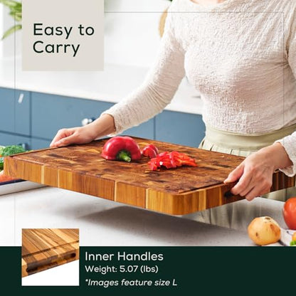 EZ FURNITURE Medium (M) Teak End Grain Cutting Board, Reversible, Knife-Friendly Charcuterie Wood Cutting Board with Juice Groove & Handles, Non-Toxic, Gift Box Included (7" x 13" x 1.5") - color: M - Teak End Gain, size: 17"L x 13"W