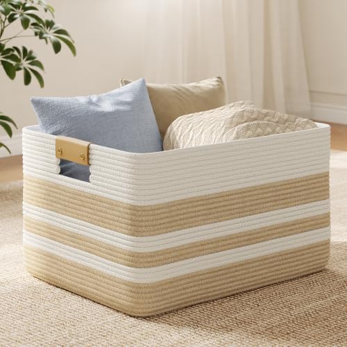 Nunsino 75L Woven Blanket Basket with Leather Handles, Cotton Rope Laundry Basket Hamper,Decorative Nursery Basket Toy Storage Basket for Kids, Living Room, Bedroom, Bathroom, White & Brown - color: Brown White, size: 75L