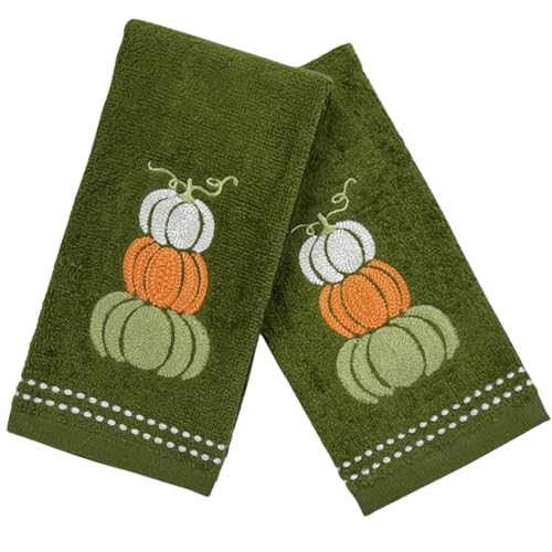 Autumn Fall Bathroom Fingertip Towels: Forest Olive Dark Green Embroidered Stacked Pumpkin Design- 12" x 18" Set of 2, 100% Cotton, Festive Bath & Kitchen Decor - color: Stacked Pumpkins