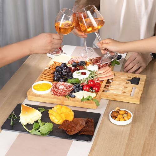 Bamboo Charcuterie Board Gift Set with Expandable Slate, Hidden Drawer, Lightweight, Modern, Natural Finish, Ideal for Cheese, Meats, and Snacks, Perfect for Gatherings or Gifting - size: 2 Grooves Charcuterie Board Set