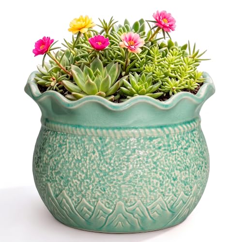 Ceramic Planter, 8 Inch Flower Pot for Indoor, Crack Lake Green | Unique Pots for Plants with Drainage Hole, Decorative Plant Pots, Office Decor, Gifts for Plant Lovers Women - color: Crack Lake Green, size: 8 Inch