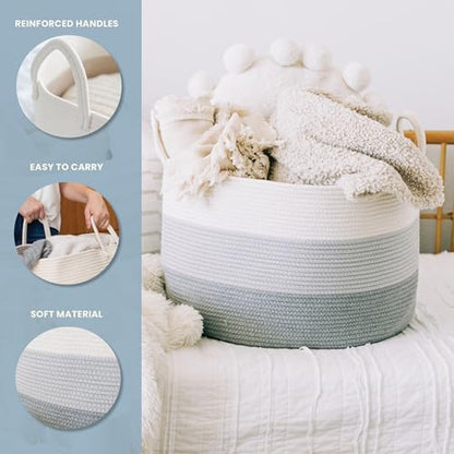 OrganiHaus Round Toy Basket & Blanket Basket, Cotton Rope 20x13" | 3-Toned Gray - Round Cotton Rope Basket, 20x13" - color: 3-toned Gray, size: Wide