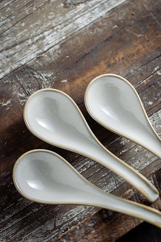 LYEOBOH Asian Soup Spoons, 6.5 inch Ceramic Soup Spoon Set of 6, Dinner Spoons with Deep Hook for Home, Kitchen, Dishwasher & Microwave Safe, Farmhouse Style, Beige - color: Beige
