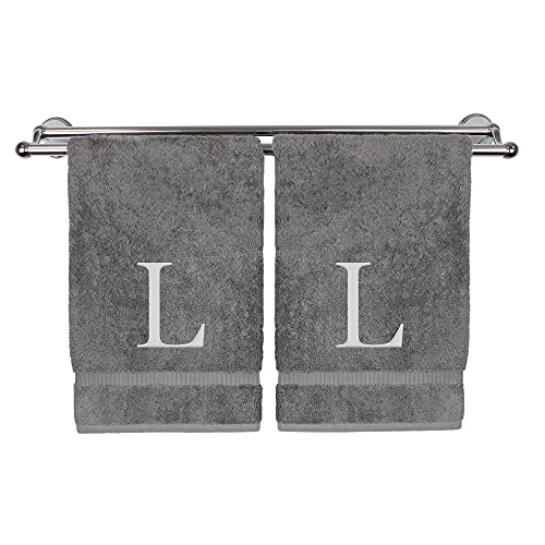 Monogrammed Hand Towel, Personalized Gift, Set of 2- Silver Block Letter Embroidered Towel - Extra Absorbent 100% Turkish Cotton - Soft Terry Finish - Initial L Gray - color: Gray & Silver, size: Initial L