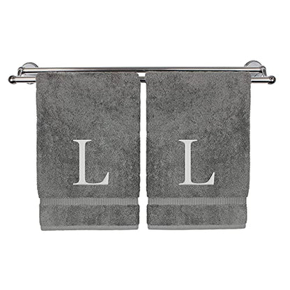 Monogrammed Hand Towel, Personalized Gift, Set of 2- Silver Block Letter Embroidered Towel - Extra Absorbent 100% Turkish Cotton - Soft Terry Finish - Initial L Gray - color: Gray & Silver, size: Initial L