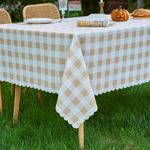 MANGATA CASA Tan Gingham Tablecloth Rectangle- Checkered Waterproof Tablecloths-Polyester Buffalo Plaid Wrinkle Free Table Cloth(Light Brown 60x102in) - color: Light Brown, size: 102" x 60" (Rectangular)