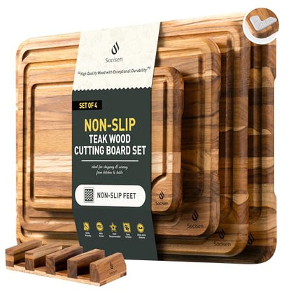 4 Pack Teak Wood Cutting Board Set for Kitchen Heavy Duty Non Toxic Non Slip Solid Thick Wood Haus Chopping Board Extra Large Big Small Meat Best Essential House Warming Hostess Host Gift - style: Set of 4 with Holder