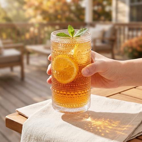 Vintage Hobnail Drinking Glasses Set of 8, Clear Glass 12oz & 16oz Highball Cups, Embossed Water Tumbler for Beer, Cocktail, Whiskey, Juice