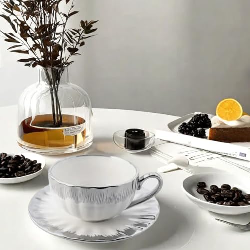 CHANJOON 6 Teacups Tea Tray Spoon Set, 6oz with Galvanized Gold Rim and Gift Box, Ceramic White English Coffee Teacup (silver, medium) - color: Silver, size: medium