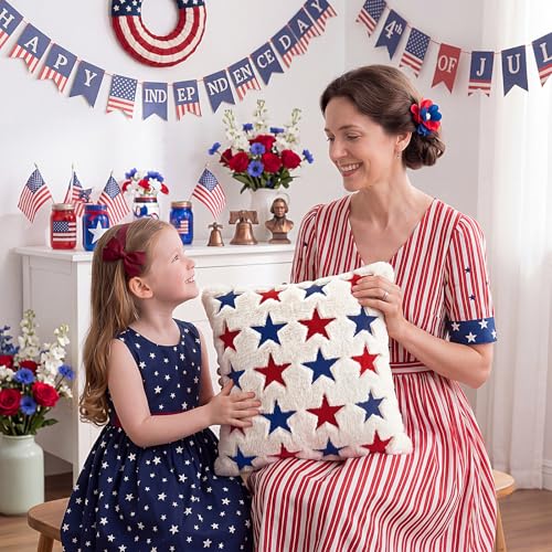 Tiamon 4 Pcs Patriotic 4th of July Throw Pillow Covers 18 x 18 Inch USA Flag American Plush 3D Embroidered Pillow Cases Red White Blue Stars Cushion Covers for Independence Day Decor Sofa Bed Home - style: Patriotic Star