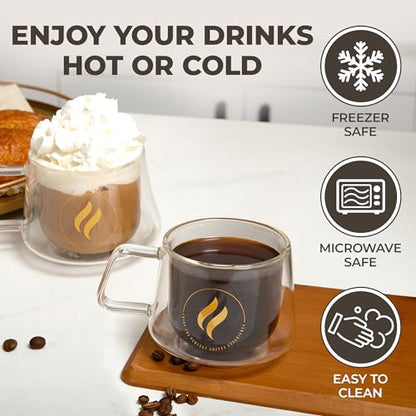 GLORAMA Double Walled Glass Coffee Mugs - 10oz Coffee Mugs for Tea, Espresso, & Cappuccino - Freezer & Microwave Safe Coffee Mugs Set of 4