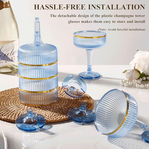 Goodluck 4-Tier Blue Champagne Tower - 20PCS 7oz Champagne Flutes Gold Rim | Plastic Coupe Glasses with Vertical Stripes for Weddings, Celebrations, Parties & Birthdays - color: Blue Gold Rim