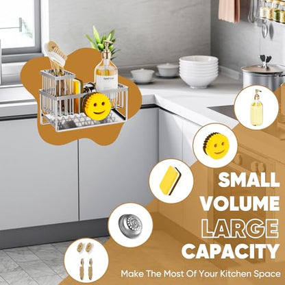 Sponge Holder for Kitchen Sink,Smiley Face Sink Caddy with Removable Brush Holder,Self-Draining Sponge Caddy for Soap,Dish Brush,Scrubber,Kitchen Essentials and Gadgets-Silver - color: 1 Tier Silver