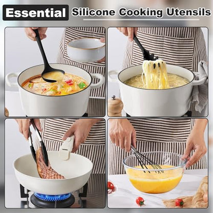 LIANYU 14 Pcs Silicone Kitchen Utensils Set with Holder, Black | 446°F Heat Resistant Silicone Cooking Utensils Spatula Set, Non-Stick & Dishwasher Safe Cooking Tools, Comfort Grip Handle - color: Black