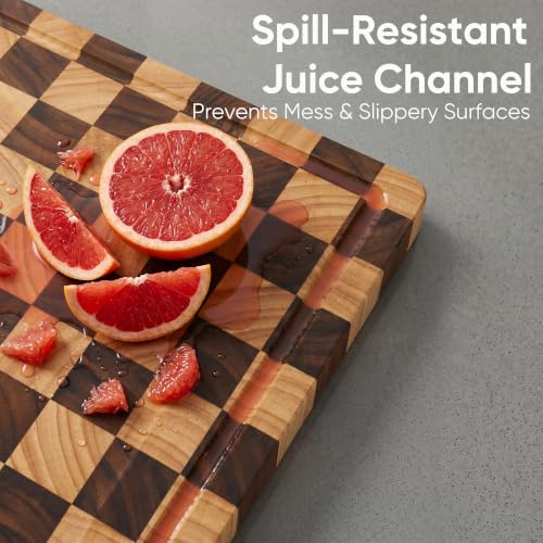 End Grain Checkerboard Cutting Board, Premium Butcher Block with Juice Groove & Built-in Handles, Reversible Wooden Chopping Board for Kitchen Prep, Meat & Charcuterie
