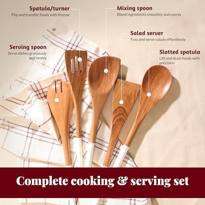 Folkulture Premium Wooden Spoons for Cooking,Kitchen Utensils Set of 5(12") | Smooth Finish, Soft, Comfort, Durable, Non Toxic, Non Stick, Acacia Wooden Spoons, Cooking Gifts for Women,Kitchen Essentials - color: White