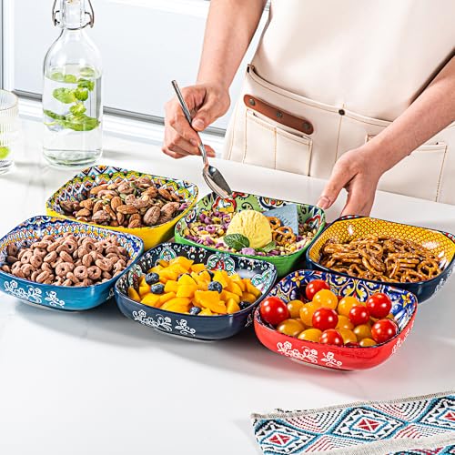 HENXFEN LEAD Boho Ceramic Square Bowls – 20 oz Colorful Bowls for Snacks, Dessert, Side Dishes, Pasta - 6 Inches Appetizer Plates Set of 6, Microwave & Dishwasher Safe - size: 20 Oz