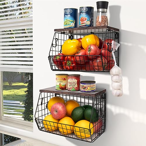 Mefirt Fruit Bowl, Stackable Wall Mounted Fruit Basket of Smooth Wood Lid with 4 Banana Hanger Hooks, Metal Kitchen Counter Organizer for Snack, Fruit and Vegetable Storage, 11.8 * 7.9 * 8.5 Inches - color: Dark Brown, size: Large x2