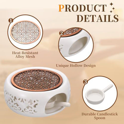 uxcell Teapot Warmer, Ceramic Tea Warmer Ceramic Teapot Heater with Alloy Pad Tealight Holder for Heating Coffee Milk Water Heatproof Dish Warming Use, White Ocean Flower Design - color: White