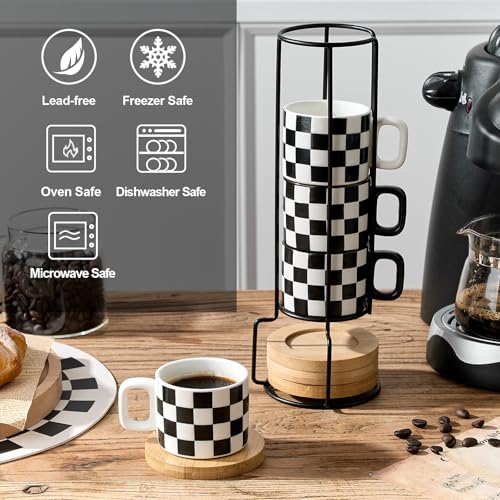 LUKA Ceramic Stackable Black and White Checkered Espresso Cups with Saucers and Metal Stand, 4 Ounce Small Demitasse Cups Set for Coffee Drinks, Latte, Tea - Set of 4 - color: 4G-White & Black
