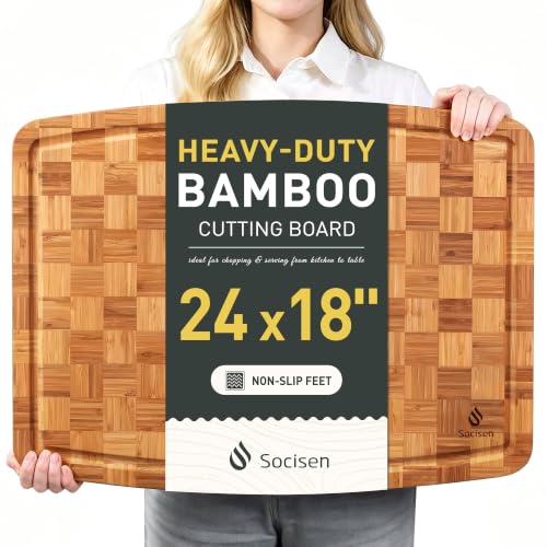 Extra Large Bamboo Wooden Cutting Board Wood Cutting Boards for Kitchen | Heavy Duty, End Grain, Non Toxic, Non Slip, Cutting Board Set, Solid Thick, Juice Groove, Butcher Block, Best Kitchen Gift - size: 23.5"L x 18"W