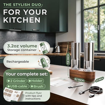 WALDWERK Electric Salt and Pepper Grinder Set (300 mAh Rechargeable Battery) - Salt and Pepper Shakers with Elegant Acacia Wood Stand – Rechargeable Automatic Salt and Pepper Grinder Set