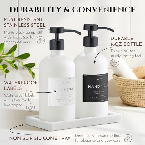 Glass Soap Dispenser Set of 2 (White) with Silicone Tray | Hand and Dish Soap Dispenser for Kitchen and Bathroom | 16.8 Oz Glass Bottles with Stainless Steel Pump & 15 Waterproof Labels (White/Black) - color: White/Black