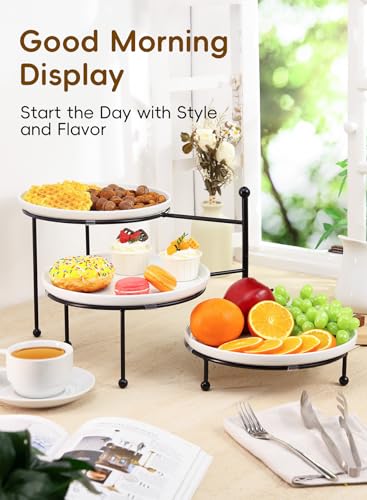 Tiered Serving Tray for Party, 10 Inch Dessert Display Stand, Black | 3*Porcelain Durable Round Serving Plates, Microwave/Dishwasher Safe,Easy Clean, Cupcakes Fruit Modern Serving - color: Black