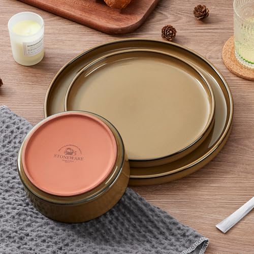 LIANYU Dinnerware Sets for 4, 12 Piece Modern Stoneware Dishes Set | Elegant Plate and Bowl, Ceramic Dining Dishware for Dinner, Rustic Terracotta Bottom, Microwave & Dishwasher Safe, Amber Gold - color: Amber Gold