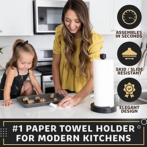 Heavy-Duty Stainless Steel Paper Towel Holder - Easy One-Handed Tear with Suction Cups - Modern Weighted Standing Countertop Dispenser for Kitchen - Holds All Paper Towel Rolls, Black - color: Black