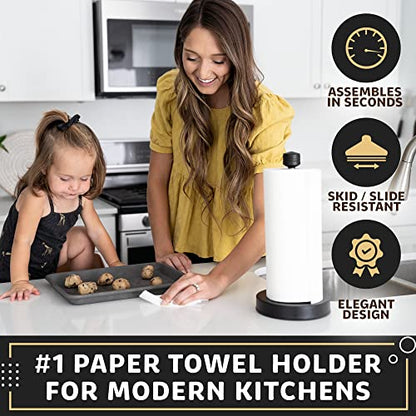 Heavy-Duty Stainless Steel Paper Towel Holder - Easy One-Handed Tear with Suction Cups - Modern Weighted Standing Countertop Dispenser for Kitchen - Holds All Paper Towel Rolls, Black - color: Black