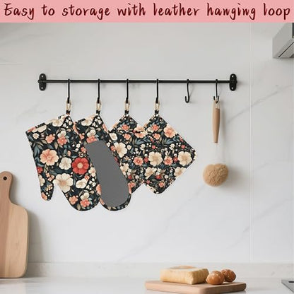 Floral Boho Heat-Resistant Silicone Oven Mitts and Pot Holder 4 Piece Set,Pink Flower Non-Slip Kitchen Oven Gloves for Baking, BBQ, Cooking,Grilling - color: Floral Boho Pink Flower