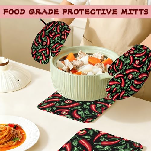 Red Chili Peppers Silicone Oven Mitts and Pot Holders,Heat-Resistant 4 Piece Kitchen Set Non-Slip Oven Gloves and Hot Pads for Cooking, Baking, Grilling,BBQ - color: Red Chili Peppers