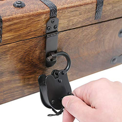Treasure Chest Wooden Box with Antique Iron Lock and Skeleton Key (Medium 12.5x6x5.5) - Storage and Decor – Pirate Chest, Decorative Storage Chest with Hinged Lid, Wood Treasure Box - size: Medium 12.5 x 6 x 4.5"
