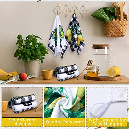 Redbaker 6 Pcs Lemon Kitchen Towels Lemonade Dish Towels with Sayings | Decorative Black White Plaid Hand Tea Dishcloths for Kitchen Decor with Hanging Loop for Housewarming Gift - style: Plaid Lemon