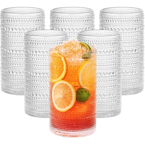 Large Hobnail Drinking Glasses with Straws, 16 oz/480 ml, 6 Pack | Vintage Hobnail Glassware Highball Glasses for Cocktail, Juice, Whiskey, Beer, Milk and Various Mixed Drinks