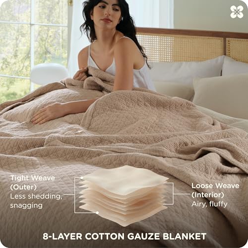 Bedsure PureWoven 100% Cotton Muslin Blanket 8-Layer, King, Taupe | 108" X 90", Breathable, Moisture-Wicking, All-Season, Softens After Wash, 460 GSM, Gauze Bedding, Low Shedding, for Adults - color: Taupe, size: King