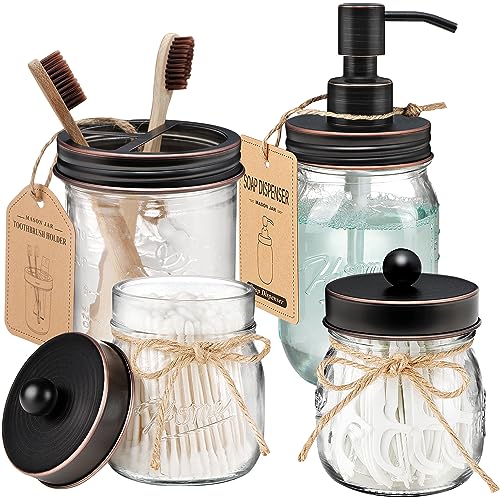 Amolliar Mason Jar Bathroom Accessories Set 4 Pcs, Oil Rubbed Bronze | Lotion Soap Dispenser, 2Qtip Holders, Toothbrush Holder, Rustic Farmhouse Decor, Bathroom Home Decor, Perfect Decorating Idea - size: Oil Rubbed Bronze, style: Standard-mouth