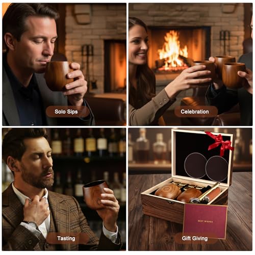 Charred Wooden Bourbon Drinking Glass Wooden Whiskey Glasses Set of 2 Complete Whiskey Gift Set Old Fashioned Glass Bourbon Gifts for Men (Gold Accents) - style: 2 Pack – Wooden Gift Box (Gold Accents)