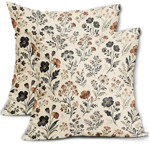 Black Brown Floral Pillow Covers 16x16 Inch Set of 2 Vintage Flowers Leaf Pattern Print Decorative Throw Pillowcases Neutral Farmhouse Outdoor Cushion Cases Seasonal Decor for Sofa Couch Bed - color: Black Brown Cream, size: 16" x 16" (Pack of 2)