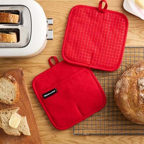KITCHENAID Gourmet Series Gridlines Pot Holders 2-Pack Set, Heat Resistant up to 600°F, Soft Silicone Grip, Magnetic Cuff, Passion Red, 8"x8" - color: Passion Red