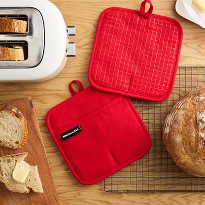 KITCHENAID Gourmet Series Gridlines Pot Holders 2-Pack Set, Heat Resistant up to 600°F, Soft Silicone Grip, Magnetic Cuff, Passion Red, 8"x8" - color: Passion Red